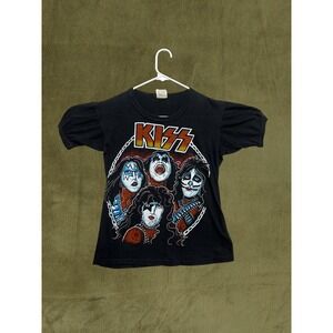 Vintage KISS Band T Shirt 1980s Fantasy Tag Black Cotton Small Rare
